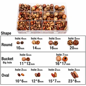 Wooden bead set with storage box, assorted sizes and shapes for DIY crafts and hair braids.