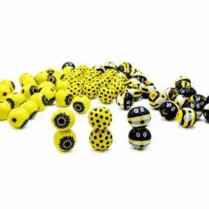 16mm lotus wooden beads DIY craft sunflower and bee pattern jewelry accessories detail
