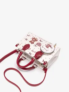 Cute bear print PU leather handbag with matching coin purse, elegant crossbody bag for women.