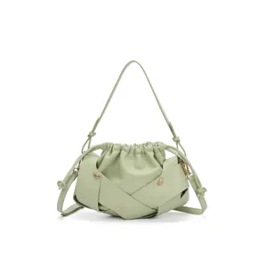 Women light green pleated shoulder bag retro fashion woven crossbody underarm handbag