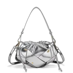 Silver metallic ruched shoulder bag, stylish woven crossbody bag for modern women users.