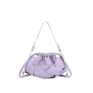 Stylish purple pleated shoulder bag, trendy woven design, elegant crossbody handbag.