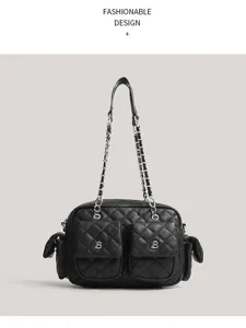 Korean style autumn winter quilted vintage multi-pocket shoulder crossbody bag for women