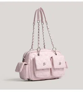 Pink quilted motorcycle shoulder bag with multi-pockets, stylish commute handbag.