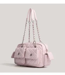 Korean style pink quilted shoulder bag with chain straps and multiple practical pockets.