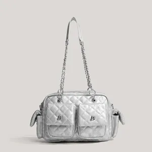 Silver quilted multi-pocket shoulder crossbody bag with chain strap for women commuting