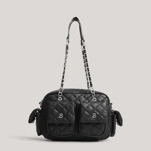 Korean style quilted retro multi-pocket motorcycle shoulder bag for daily commuting use