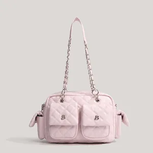 Pink quilted shoulder crossbody bag with chain strap and multi-pockets for women.