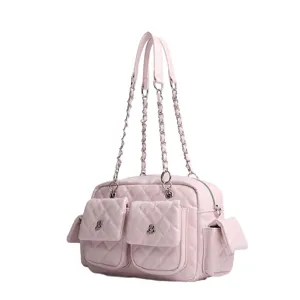 Pink quilted vintage multi-pocket shoulder crossbody motorcycle bag for daily commute.