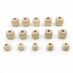 Natural unfinished square wood beads with holes for DIY crafts, handmade jewelry and game dice.