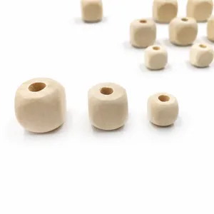 Wooden square beads detail shot, natural lotus wood loose beads with drilled holes for DIY crafting.