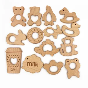 Wooden baby teether toy details, natural beech wood animal shapes for infant teething sensory.