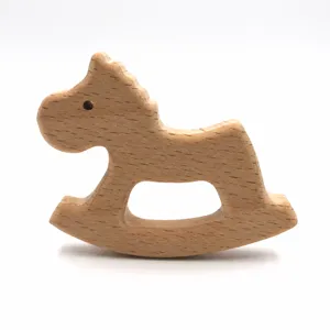 Wooden rocking horse baby teether, natural beech wood infant teething toy for babies.
