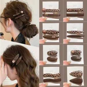 Vintage Leopard Print Resin Hair Clip For Women Fashion Alloy Barrette With Artificial Pearl Hair Accessories For Daily Dating Decor