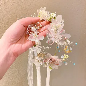 Couronne de fleurs pour enfants avec perles et rubans, accessoire de cheveux féerique mariage.