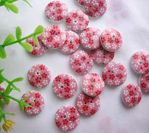 15mm wooden buttons with pink cherry blossom print, 2-hole DIY sewing craft accessories 100pcs
