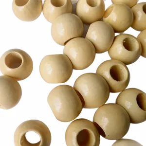 Close-up detail of 20mm natural wood beads with large holes, ideal for DIY jewelry making.