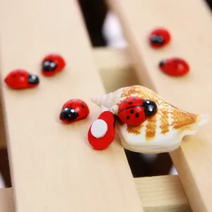 Wooden ladybug miniature ornaments, cute red beetle micro landscape moss decorations.