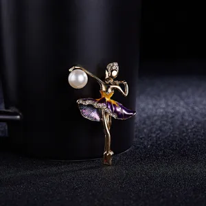 Exquisite rhinestone enamel ballet dancer brooch with pearl detail, elegant women jewelry accessory.