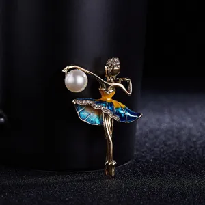 Ballerina rhinestone enamel brooch with pearl for elegant women fashion apparel decoration.