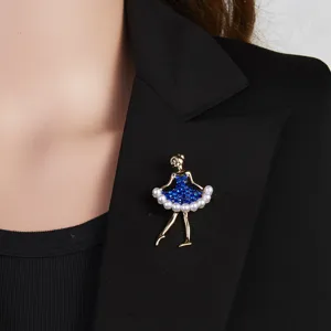 Elegant ballerina rhinestone brooch detail view, stunning blue and white pearl accessory.