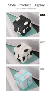 Detaillierte Nahaufnahme des Infinity Fidget Cube Anti-Stress-Spielzeugs in drei Farben.