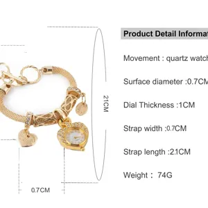 Gold heart bracelet quartz watch with detailed size chart specifications for women fashion.