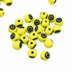 16mm wooden beads yellow black sunflower pattern diy craft handmade jewelry accessories