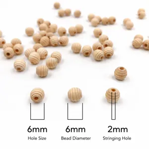 Natural wooden beads with threaded design, DIY craft loose beads for jewelry making.