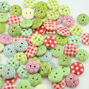 Colorful wooden buttons close-up, assorted polka dot and plaid patterns for DIY crafts 15mm