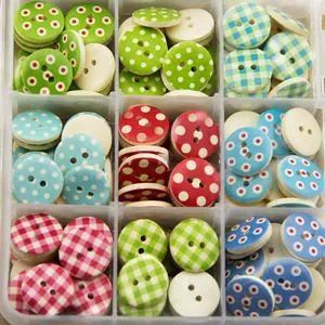 15mm colorful wooden buttons, DIY sewing crafts, polka dot plaid round buttons, 100pcs.