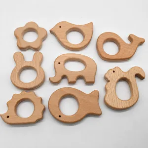 Wooden baby teethers set natural beech animal shapes infant molar toys sensory teething ring