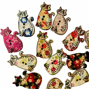 Colorful cat wooden buttons, 2-hole DIY sewing craft accessories, mixed floral patterns.