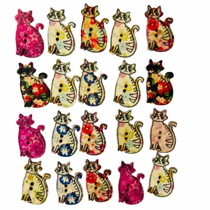 Colorful Cat Wooden Buttons Ethnic Style Printed Two Holes DIY Sewing Craft Garment Accessories For Clothing Decor
