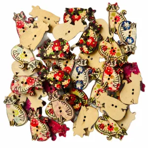 Mixed color 2-hole wooden buttons 18x31mm cute cat ethnic floral print DIY clothing accessories