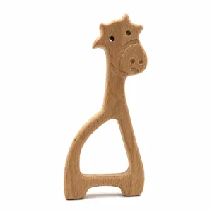 Wooden giraffe teether toy for babies, natural beech wood baby molar stick infant teething relief.