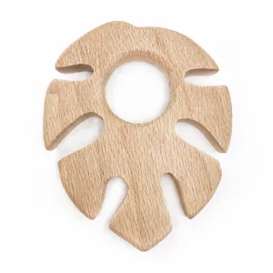 Wooden baby teether toy natural beech wood organic infant teething chew toy leaf shape safe