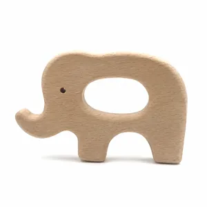 Wooden baby elephant teether toy, natural beech wood animal teething ring for infants.