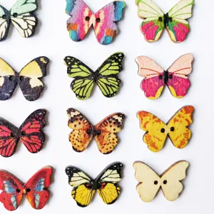 100pcs 28x20mm colorful butterfly wooden buttons, 2-hole printed wood craft buttons for sewing DIY.