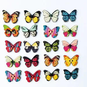 Wooden butterfly buttons set colorful printed sewing craft DIY clothes accessories details.