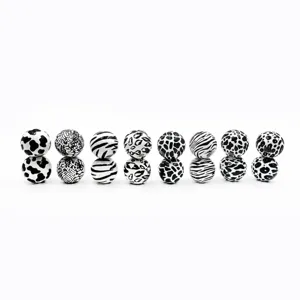 16mm wooden round beads with black and white animal prints, perfect for DIY jewelry making.
