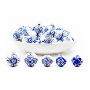 Blue and white porcelain wooden beads 20mm printed wood beads for DIY crafts and jewelry making