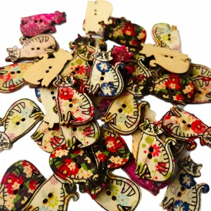 Mixed color 2-hole wooden buttons 31mm cat ethnic style printed DIY clothing accessories
