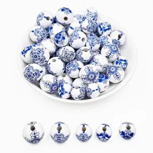 Blue and White Porcelain Printed Wooden Beads 20mm Round Loose Beads For Handmade DIY Jewelry Making Craft Accessories
