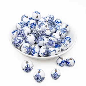 Blue and white porcelain wooden beads 20mm detail, perfect for DIY jewelry craft making and accessories.