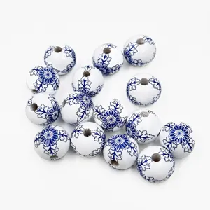 20mm Blue White Porcelain Wooden Beads Printed Wood Beads DIY Jewelry Craft Accessor