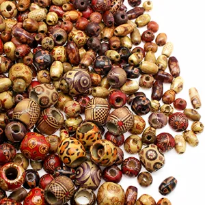 Bulk colorful wooden beads with mixed ethnic patterns, ideal for DIY jewelry and hair dreadlocks.