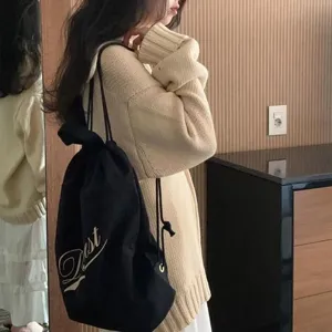 Korean style large capacity nylon drawstring backpack casual daily commuting school bag black