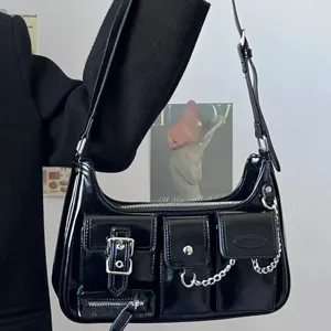 Y2K Style Black Patent Leather Women Shoulder Bag Retro Chic Chain Underarm Bag Multi-Pocket Motorcycle Tote Bag