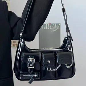 Vintage Y2K black patent leather shoulder bag multi-pocket motorcycle underarm bag with chain